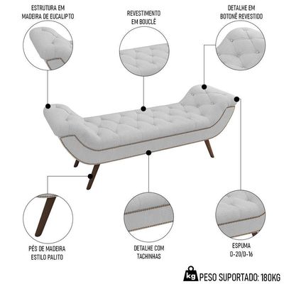 Puff Recamier Calçadeira 195cm Pés Palito Madeira Venêto P02 Bouclé Branco - Mpozenato