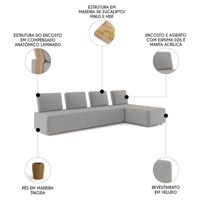 Sofá 4 Lugares Com Chaise 296cm Rovier Veludo Cinza Z32 - Mpozenato