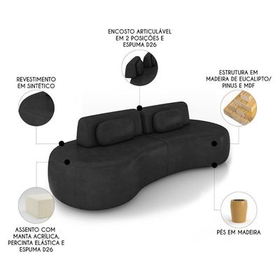 Sofá 4 Lugares 240cm Orgânico Mellanie Sintético Preto Z32 - Mpozenato
