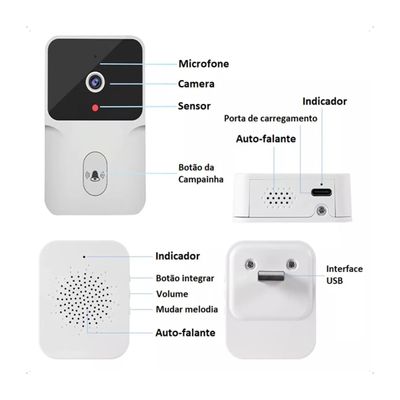 Campainha Inteligente Wi-Fi com Câmera HD Visão Noturna X9 Sem Fio T&Z Smart Doorbell