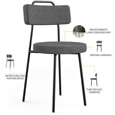 Kit 02 Cadeiras Decorativas Estofada Sala De Jantar Barcelona L02 Linho Cinza Escuro - Lyam Decor