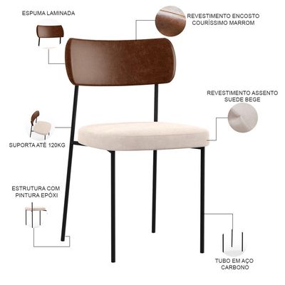 Cadeira Decorativa Para Sala De Jantar Melina L02 Couríssimo Marrom Suede Bege - Lyam Decor