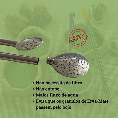 Bomba de Chimarrão Inox Bojo Mil Furos 21cm Bocal Simples Terere Lisa com Escovinha