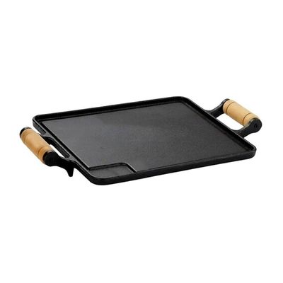 Bifeteira de Ferro Fundido Quadrada 0977-RIG 25x25cm Alça Madeira Uso em Fogão e Churrasqueira Rig