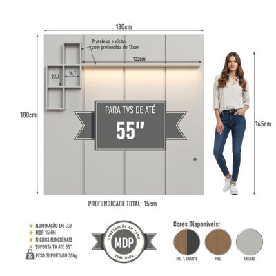 Painel para TV até 55 Polegadas 180cm com Nichos Decorativos e Iluminação em LED Nexus Arenas