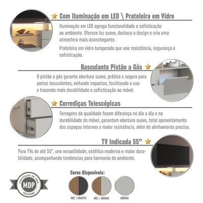 Rack para TV até 55 Polegadas 200cm com Nichos 2 Gavetas Prateleira de Virdro e Iluminação em LED Urban Arenas