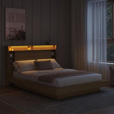 Cama de Casal e Queen Suspensa com Ilunimação em Led e Organizador na Cabeceira Cancun Cor Mel