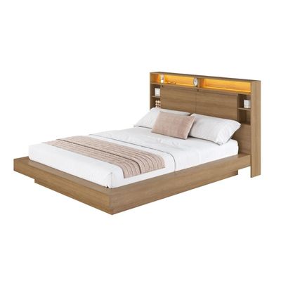 Cama de Casal e Queen Suspensa com Ilunimação em Led e Organizador na Cabeceira Cancun Cor Mel