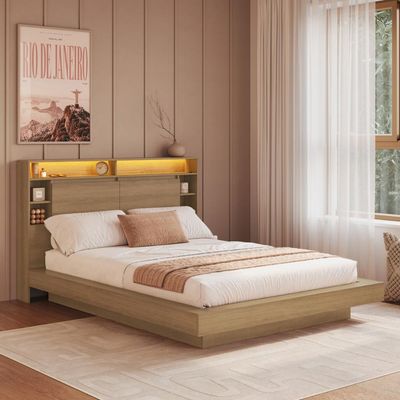 Cama de Casal e Queen Suspensa com Ilunimação em Led e Organizador na Cabeceira Cancun Cor Mel