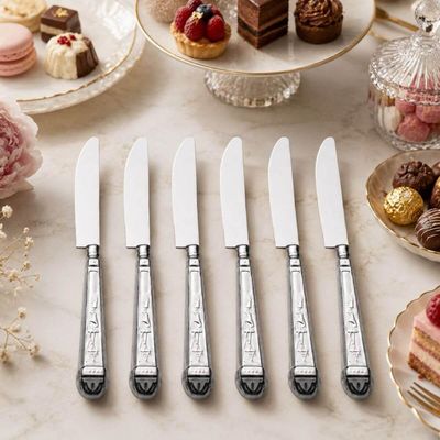 Jogo 6 Facas de Sobremesa Aço Inox Decorado 20cm Prateado Cozinha Mesa Posta