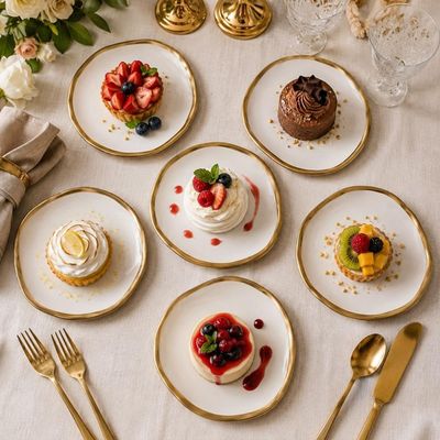 Conjunto 24 Pratos Sobremesa 21cm Porcelana Dubai Wolff Branco E Dourado Restaurante Buffet Eventos