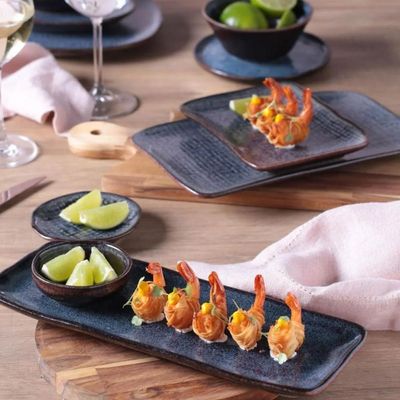 Conjunto 16 pçs Cerâmica Azul Titanium Porto Brasil Travessas Ramequins Sushi Shoyu Molhos
