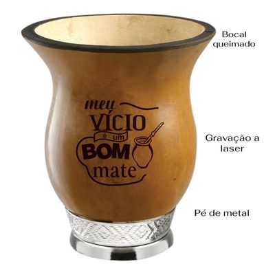 Cuia Média Para Pequena Com Pé De Metal Bocal Queimadoe Gravação A Laser