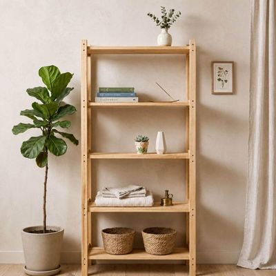 Estante Multiuso Madeira Nichele 140x62cm Eucalipto Natural Cru 5 Prateleiras Organização