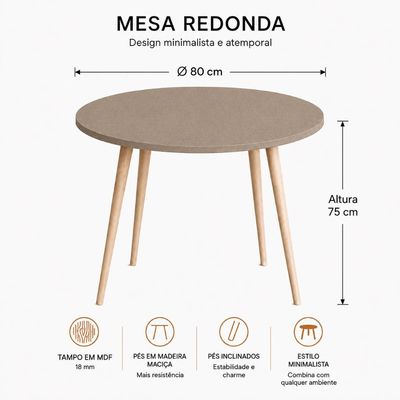Mesa Jantar Sofia Redonda 80cm Linum 18mm Pés de Madeira Natural Marin