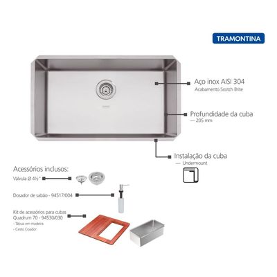 Cuba Tramontina Quadrum 70 U Undermount em Aço Inox Scotch Brite 70 x 40 cm com Dosador de Sabão, Tábua e Cesto