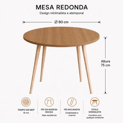 Mesa Jantar Sofia Redonda 80cm Serrano 18mm Pés de Madeira Natural Marin