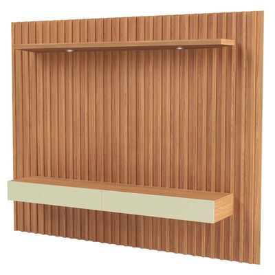 Painel Ripado Para TV 65 Pol com LED 2 Gavetas 223cm Baraka D03 Freijó Off White - Lyam Decor