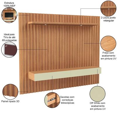 Painel Ripado Para TV 65 Pol com LED 2 Gavetas 223cm Baraka D03 Freijó Off White - Lyam Decor