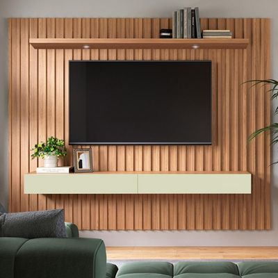 Painel Ripado Para TV 65 Pol com LED 2 Gavetas 223cm Baraka D03 Freijó Off White - Lyam Decor