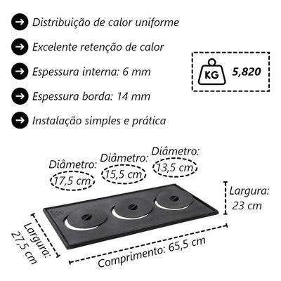 Chapa Fogão a Lenha 3 Bocas Libaneza 11649LB Ferro Fundido Preto