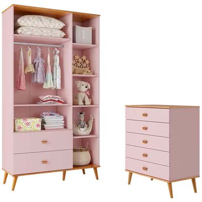 Guarda-Roupa Ternura com 5 Nichos, 2 Portas, 2 Gavetas Bartira  + Cômoda Ternura com 5 Gavetas Bartira Rosa Wood