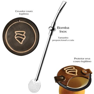 Kit Caixa Cuia Com Pé De Massa Gravação Artesanal Desenhos Diversos Bomba Inox Chupeta Dupla Com Botão Protetor De Erva E Cevador Em Couro