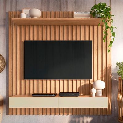 Painel Ripado Para TV 65 Pol 2 Gavetas 183cm Baraka D03 Freijó Off White - Lyam Decor