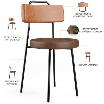 Kit 02 Cadeiras Decorativas Estofada Para Sala Jantar Barcelona L02 Couríssimo Camel Marrom - Lyam