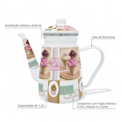 Bule Cake Esmaltado Ferro para Fogão de Indução Cozinha Vintage 1,2L