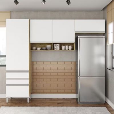 Cozinha Compacta Jaspe com 4 Portas, 3 Gavetas e 5 Prateleiras 260,4cm de largura Bartira Damasco com Branco