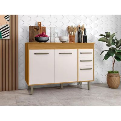 Balcão de Cozinha Malta 120cm 3 Portas 2 Gavetas com Tampo Poliman Off White