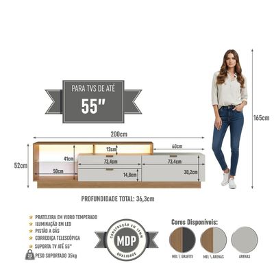 Rack para TV até 55 Polegadas 200cm com Nichos 2 Gavetas Prateleira de Virdro e Iluminação em LED Urban Mel/Arenas