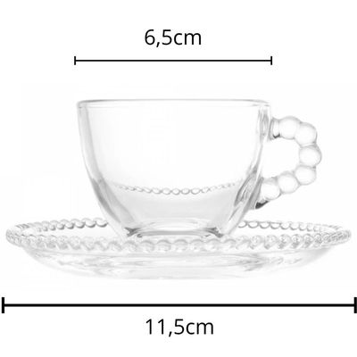 Jogo 16 Peças Xícaras Café e Pires 80ml Vidro Pearl Wolff Chavena Transparente Cafezinho Recepção