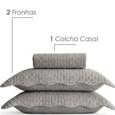 Colcha Casal com 2 Porta Travesseiros Matelassê Cinza Escuro Quadrat Lyor Cama Posta Poliéster