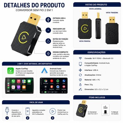 Conversor Sem Fio 2 em 1 para Apple CarPlay e Android