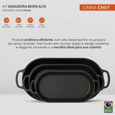 Conjunto 3 Assadeira Beira Alta Ferro Fundido Puro para Forno Fogão Retenção de Calor 1,6L Panela