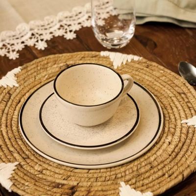 Aparelho de Jantar e Chá Unni Brisa 20 Peças Cerâmica Acabamento Brilhante Oxford Off White com Marrom