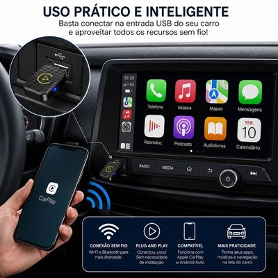Conversor Sem Fio 2 em 1 para AppleCarPlay e Android Auto