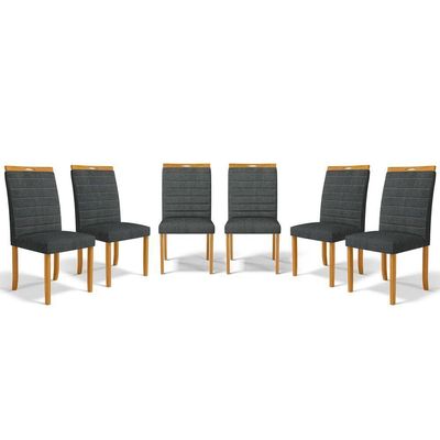 Kit Com 6 Cadeiras Sara Madeira Maciça Estofadas Para Mesa De Jantar Linho Chumbo 406