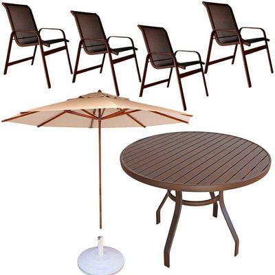Conjunto Lótus Com Mesa 90cm Ripada 4 Poltronas Ombrelone 3,00m Com Base Marrom