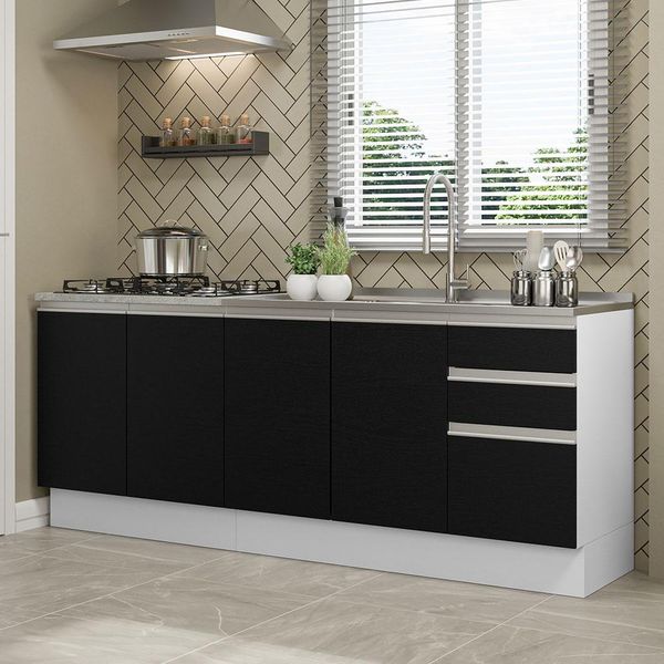 Kit com 2 Balcões de Cozinha Madesa Glamy 4 Portas 3 Gavetas (Sem Tampo e Pia) - Branco/Preto Branco/Preto