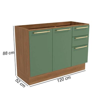 Balcão para Pia 120cm Botanic M624 com 2 Portas e 3 Gavetas Kappesberg Nogueira/Verde