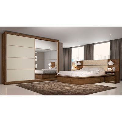 Guarda Roupa Sevilha 2 Portas de Correr Casal 6 Gavetas MDF Mademarcs Brauna/Offwhite