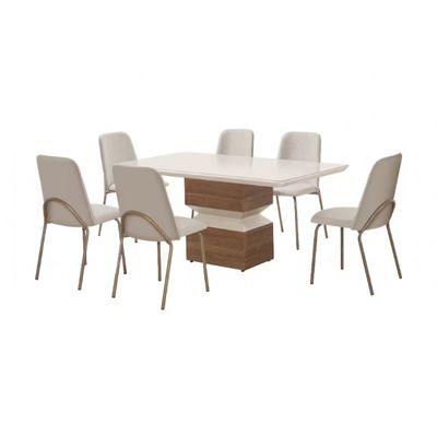 Mesa de Jantar Aço Nobre Aurora com 6 Cadeiras Estofadas e Revestidas em Tecido Sintético Champagne e Off White