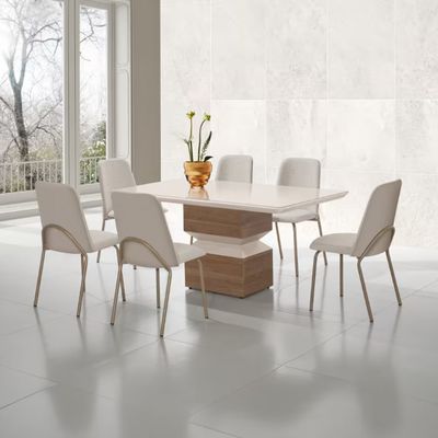 Mesa de Jantar Aço Nobre Aurora com 6 Cadeiras Estofadas e Revestidas em Tecido Sintético Champagne e Off White