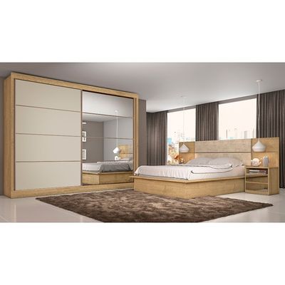 Guarda Roupa Sevilha 2 Portas de Correr Casal 6 Gavetas MDF Mademarcs Amendoa/Off White