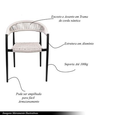 Kit 5 Cadeiras Área Externa de Alumínio Carmy com Corda Naútica Preto/Amêndoa G56 - Gran Belo
